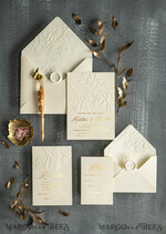 HOCHZEITS EINLADUNGEN Gold / Roségold / Silber / Glitzer Prägung Hochzeitskarten, elegante Hochzeitskarten, luxuriöse Hochzeitskarten, goldene Hochzeitskarten, elfenbeinfarbene Hochzeitskarten, elfenbeinfarbene Einladungen, elfenbeinfarbene Hochzeitskarten, elfenbeinfarbene und goldene Hochzeitskarten, geprägter Zweig, Blatt-Hochzeitskarten, goldene Hochzeitskarten, goldene Hochzeits-Einladungen, Wachssiegel, elegante Hochzeitspapeterie, goldene Hochzeitspapeterie, goldene Hochzeitsaccessoires, elfenbeinfarbene Hochzeit.5