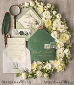 HOCHZEITS EINLADUNGEN Gold / Roségold / Silber / Glitzer Elegante grüne Gold-Hochzeitseinladungen, luxuriöse Einladungskarten für Hochzeiten im Ausland, maßgeschneiderte Oliven-Hochzeitseinladungen, romantisches Griechenland-Hochzeitseinladungspaket.6