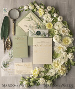 HOCHZEITS EINLADUNGEN Gold / Roségold / Silber / Glitzer Elegante grüne Gold-Hochzeitseinladungen, luxuriöse Einladungskarten für Hochzeiten im Ausland, maßgeschneiderte Oliven-Hochzeitseinladungen, romantisches Griechenland-Hochzeitseinladungspaket.6
