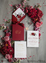 HOCHZEITS EINLADUNGEN Gold / Roségold / Silber / Glitzer Romantische rote Hochzeitskarten mit Schleife, glamouröse florale Hochzeitskarten, indische luxuriöse Goldfolien-Hochzeitseinladungen, maßgeschneiderte burgunderfarbene Pocket-Hochzeitseinladungssuite.8