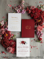 HOCHZEITS EINLADUNGEN Gold / Roségold / Silber / Glitzer Romantische rote Hochzeitskarten mit Schleife, glamouröse florale Hochzeitskarten, indische luxuriöse Goldfolien-Hochzeitseinladungen, maßgeschneiderte burgunderfarbene Pocket-Hochzeitseinladungssuite.8