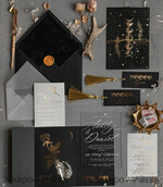 HOCHZEITS EINLADUNGEN Gold / Roségold / Silber / Glitzer Halloween-Mondphasen-Hochzeitseinladungen-Set, schwarze Einladungen, gruselige Halloween-Einladungen, gothische Hochzeitseinladungskarten, Skelett-Hochzeitsset in Schwarz und Gold.31