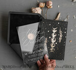 HOCHZEITS EINLADUNGEN Gold / Roségold / Silber / Glitzer Halloween-Mondphasen-Hochzeitseinladungen-Set, schwarze Einladungen, gruselige Halloween-Einladungen, gothische Hochzeitseinladungskarten, Skelett-Hochzeitsset in Schwarz und Gold.31