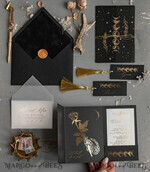 HOCHZEITS EINLADUNGEN Gold / Roségold / Silber / Glitzer Halloween-Mondphasen-Hochzeitseinladungen-Set, schwarze Einladungen, gruselige Halloween-Einladungen, gothische Hochzeitseinladungskarten, Skelett-Hochzeitsset in Schwarz und Gold.31