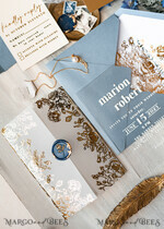 HOCHZEITS EINLADUNGEN Gold / Roségold / Silber / Glitzer Maßgeschneiderte Acryl-Eisblau-Hochzeitseinladung, Glamour staubige blaue Hochzeitseinladungen, moderne goldene Plexi-Hochzeitseinladung Suite, Boho Glam Hochzeitseinladungen mit Wachssiegel.22
