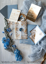 HOCHZEITS EINLADUNGEN Gold / Roségold / Silber / Glitzer Maßgeschneiderte Acryl-Eisblau-Hochzeitseinladung, Glamour staubige blaue Hochzeitseinladungen, moderne goldene Plexi-Hochzeitseinladung Suite, Boho Glam Hochzeitseinladungen mit Wachssiegel.22