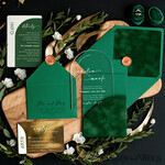 HOCHZEITS EINLADUNGEN Gold / Roségold / Silber / Glitzer Smaragdgrüne Samthochzeits-Einladungen, Acrylbogen-Hochzeitseinladungen, Grünpflanzen-Samthochzeitseinladungssatz, moderne Gartenhochzeitsstationery, Boho-Hochzeitsideen, klare transparente Hochzeitseinladung mit rsvp, grün und gold Acryl-Hochzeitseinladungssatz5
