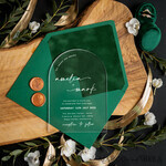 HOCHZEITS EINLADUNGEN Gold / Roségold / Silber / Glitzer Smaragdgrüne Samthochzeits-Einladungen, Acrylbogen-Hochzeitseinladungen, Grünpflanzen-Samthochzeitseinladungssatz, moderne Gartenhochzeitsstationery, Boho-Hochzeitsideen, klare transparente Hochzeitseinladung mit rsvp, grün und gold Acryl-Hochzeitseinladungssatz5
