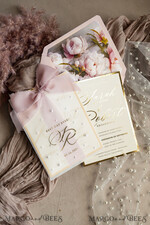 HOCHZEITS EINLADUNGEN Gold / Roségold / Silber / Glitzer Blush Pink Chiffon Schleife mit Perlen maßgeschneiderte elegante Pfingstrose Roségold Hochzeits-Einladung Suite, weiße Perlen goldene Hochzeitskarten, Boho goldene Mappe Hochzeitsstationery, Vellum Etui mit Monogramm.34