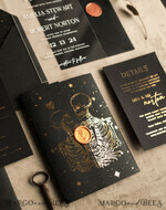 HOCHZEITS EINLADUNGEN Gold / Roségold / Silber / Glitzer Halloween Gold Hochzeits Einladungen, Schwarz und Gold Acryl Einladung Set, Mond Tarot Hochzeits Einladungskarten, Gold Skelett Hochzeits Set11