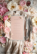 MENÜ & PROGRAMME  
 rustikal Romantisches Blush Hochzeitsmenü mit Schleife, personalisierte Menükarten aus vintage Spitze, hellgraues und blush-pink Shabby Chic Hochzeitsmenü, handgemachte Spitzen-Menükarten9