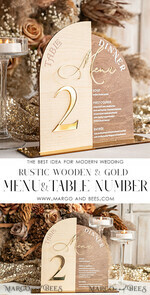 TISCHDEKORATIONSCHILDER   Holz Eco Rustikale Tischnummern Rustikales Holzbogen Tischnummer & Abendessen Menü Kombination, Holz & Acryl gold Schild, Gold Scheune Plexi Tischnummern & Menü Kombination Rustikal Boho Hochzeit Tischdekoration, Hochzeitsbeschilderung Goldener Spiegel Tischnummern & Menü16