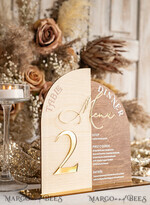 TISCHDEKORATIONSCHILDER   Holz Eco Rustikale Tischnummern Rustikales Holzbogen Tischnummer & Abendessen Menü Kombination, Holz & Acryl gold Schild, Gold Scheune Plexi Tischnummern & Menü Kombination Rustikal Boho Hochzeit Tischdekoration, Hochzeitsbeschilderung Goldener Spiegel Tischnummern & Menü16