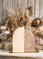 TISCHDEKORATIONSCHILDER   Holz Eco Rustikale Tischnummern Rustikales Holzbogen Tischnummer & Abendessen Menü Kombination, Holz & Acryl gold Schild, Gold Scheune Plexi Tischnummern & Menü Kombination Rustikal Boho Hochzeit Tischdekoration, Hochzeitsbeschilderung Goldener Spiegel Tischnummern & Menü16
