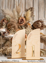TISCHDEKORATIONSCHILDER   Holz Eco Rustikale Tischnummern Rustikale Holz-Halbbogen-Hochzeits-Tischnummern, Holz-Gold-Plexi-Tischnummern, ländliche Scheunen-Hochzeits-Tischdekoration, Hochzeitsschild-Holz-goldene Spiegel-Tischnummern25