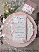 MENÜ & PROGRAMME  
 rustikal und Spitze Romantisches handgemachtes Hochzeitsmenü in Blush-Rosa, glamouröses minimalistisches Abendmenü mit Schleife, elegantes einfaches Partytischmenü, modernes Hochzeitsmenükarte in Weiß und Rosa.5