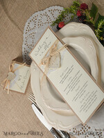 MENÜ & PROGRAMME  
 rustikal und Spitze Minimalistisches braunes Hochzeitsmenü, ästhetisches Spitzenempfangs-Dinner-Menü, romantisches Menü mit Holzherz, elegante Hochzeitsmenükarten5