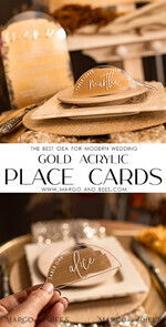 PLATZKARTEN / TISCHKARTEN  
 Acrylgold klar / Holz 3D Moderner Bogen Gold Acryl Platzkarte mit Ständer, Bogen klare Namenskarte, Premium Luxus Sitzkarten, bemalte goldene Begleitkarten mit weißer Schrift, bearbeitbarer Text18