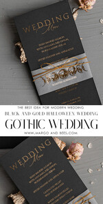 MENÜ & PROGRAMME  
 Glitzer/ Luxus Premium Halloween Hochzeitsmenükarte, Schwarze Hochzeitsmenü, Gruseliges Halloween Menü, Gotische Hochzeitsmenükarten, Skelett Hochzeitsset schwarz und gold8