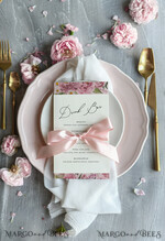 MENÜ & PROGRAMME  
 romantisch Chic Blush Pink und Elfenbein Hochzeitsmenü, Boho Floral Hochzeitsmenükarten mit pinkem Band, Romantisches Pastell Hochzeitsdinner-Menü, Einfaches Pfingstrosen-Handgemachtes Hochzeitsmenü3