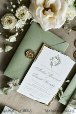 HOCHZEITS EINLADUNGEN moderne Kalligraphie / feine Kunst Salbeigrüne Fine Art Hochzeitseinladungen mit Goldblatt, unregelmäßigen Kanten, RSVP QR-Code, Seidenband, maßgeschneiderte elegante Hochzeitskollektion48