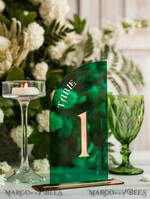 TISCHDEKORATIONSCHILDER   Acryl Tischdekoration Zahlen Acryl Halbbogen Grüne Tischnummern, Grüne Acryl- und Goldtischnummern, Smaragdgrüne Gold Plexi Tischnummern, Luxuriöse Hochzeits Tischdekoration, Hochzeitsschild20