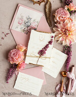 PROBENNEHMESERVICE
 Muster
 Staubige Rose Hochzeits Einladung Muster, handgemachtes Heide Muster Set, Pink florale Hochzeits Einladung, Einladung Muster Set mit goldenen, gezackten Rändern.14