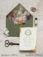 PROBENNEHMESERVICE
 Muster
 Feine Kunst Grüne Hochzeits Einladung Muster, handgefertigtes Muster Set, Elfenbein Deckled Edge Hochzeits Einladung, Florales Emblem Einladungen Muster Set9