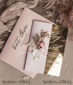 PROBENNEHMESERVICE
 Muster
 Beispiel Luxus Spiegel goldene Hochzeitskarten, elegante Blush Pink Hochzeitskarten, glamouröse Acryl Hochzeits Einladungen, klare Plexi Hochzeits Einladung Suite.3