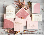 PROBENNEHMESERVICE
 Muster
 Staubige Rose Hochzeits-Einladung Muster, handgemachtes Muster-Set, rosa Samt und Goldfolie Hochzeits-Einladung, zartrosa Einladungen Muster-Set18