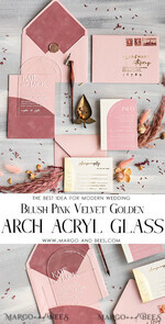 PROBENNEHMESERVICE
 Muster
 Staubige Rose Hochzeits Einladung Muster, handgemachtes Muster Set, rosa Samt und Goldfolie Hochzeitsinvitation, klare Acryl Einladungen Muster Set16