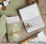 PROBENNEHMESERVICE
 Muster
 Muster, maßgeschneidertes Musterset Gold Salbeigrün Pass Hochzeitseinladung, Goldene Hochzeitskarten Boarding Pass, Grün Reise Pass Hochzeitseinladungen im Ausland, Hochzeitskarten für das Reiseziel Griechenland, Toskana Reisekarten Hochzeitsstationery Italien Weltkarte.28