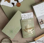 PROBENNEHMESERVICE
 Muster
 Muster, maßgeschneidertes Musterset Gold Salbeigrün Pass Hochzeitseinladung, Goldene Hochzeitskarten Boarding Pass, Grün Reise Pass Hochzeitseinladungen im Ausland, Hochzeitskarten für das Reiseziel Griechenland, Toskana Reisekarten Hochzeitsstationery Italien Weltkarte.28