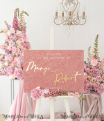 TISCHPLÄNE UND WILLKOMMENSCHILDER FÜR HOCHZEITEN Plexi Gold / Samt Luxuriöses Samt Blush-Pink Hochzeits-Willkommensschild, goldene Hochzeitsdekoration, personalisiertes Hochzeitszeichen, Hochzeitsgeschenk, Willkommens-Hochzeitsboard BpPXSet15