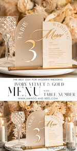 TISCHDEKORATIONSCHILDER   Samt Tischnummern und Dekoration Acrylbogen Tischnummer & Dinner-Menü-Kombination, gefrorenes Elfenbein-Acryl-Gold-Schild, goldene gefrostete Plexi-Velours-Tischnummern & Menü-Kombination, luxuriöse Hochzeits-Tischdekoration, Hochzeitsbeschilderung goldene Spiegeltischnummern & Menü24