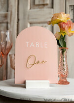 TISCHDEKORATIONSCHILDER   Samt Tischnummern und Dekoration Rosa Acryl Tischnummern, Bogen Tischnummern mit Ständer, Blush Rosa und Gold Hochzeits Tischdekoration, 3D goldene Beschriftung Tischnummern, Blush Hochzeitsbeschilderung.10
