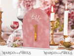 TISCHDEKORATIONSCHILDER   Samt Tischnummern und Dekoration Arch Tischnummer, Luxus Blush Pink Samt Bogen Tischnummern mit Acrylständer, blush pink und Gold Hochzeitstischdeko, 3D Goldene Buchstaben, Hochzeitsbeschilderung12