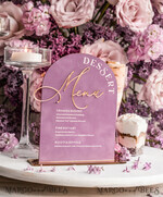 TISCHDEKORATIONSCHILDER   Samt Tischnummern und Dekoration Mauve Samt Bogen Dessertmenü, Staubige Rosé Bonbonschild, Gold Plexi Tischbogen Hochzeits-Dessertmenü, Luxuriöse Hochzeits Tischdekoration, MvS11