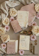 HOCHZEITS EINLADUNGEN geprägte Einladungen Blush Gold Hochzeits Einladung mit chiffon zerrissenem Bogen, Verpackung Goldene Elegante Rosen Florale Hochzeits Einladung mit 3D Prägung Blumen25