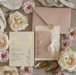HOCHZEITS EINLADUNGEN geprägte Einladungen Blush Gold Hochzeits Einladung mit chiffon zerrissenem Bogen, Verpackung Goldene Elegante Rosen Florale Hochzeits Einladung mit 3D Prägung Blumen25