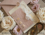 HOCHZEITS EINLADUNGEN geprägte Einladungen Blush Gold Hochzeits Einladung mit chiffon zerrissenem Bogen, Verpackung Goldene Elegante Rosen Florale Hochzeits Einladung mit 3D Prägung Blumen25