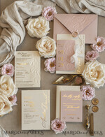 HOCHZEITS EINLADUNGEN geprägte Einladungen Blush Gold Hochzeits Einladung mit chiffon zerrissenem Bogen, Verpackung Goldene Elegante Rosen Florale Hochzeits Einladung mit 3D Prägung Blumen25