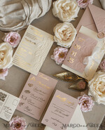 HOCHZEITS EINLADUNGEN geprägte Einladungen Blush Gold Hochzeits Einladung mit chiffon zerrissenem Bogen, Verpackung Goldene Elegante Rosen Florale Hochzeits Einladung mit 3D Prägung Blumen25