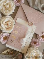 HOCHZEITS EINLADUNGEN geprägte Einladungen Blush Gold Hochzeits Einladung mit chiffon zerrissenem Bogen, Verpackung Goldene Elegante Rosen Florale Hochzeits Einladung mit 3D Prägung Blumen25