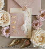 HOCHZEITS EINLADUNGEN geprägte Einladungen Blush Gold Hochzeits Einladung mit chiffon zerrissenem Bogen, Verpackung Goldene Elegante Rosen Florale Hochzeits Einladung mit 3D Prägung Blumen25