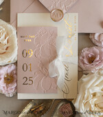 HOCHZEITS EINLADUNGEN geprägte Einladungen Blush Gold Hochzeits Einladung mit chiffon zerrissenem Bogen, Verpackung Goldene Elegante Rosen Florale Hochzeits Einladung mit 3D Prägung Blumen25