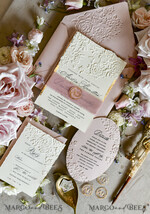 HOCHZEITS EINLADUNGEN geprägte Einladungen Rosa Hochzeitskarten – Prägung mit floralen Motiven, Chiffonband, unregelmäßige Ränder, Wachssiegel33
