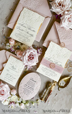 HOCHZEITS EINLADUNGEN geprägte Einladungen Rosa Hochzeitskarten – Prägung mit floralen Motiven, Chiffonband, unregelmäßige Ränder, Wachssiegel33