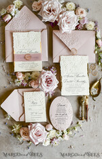 HOCHZEITS EINLADUNGEN geprägte Einladungen Rosa Hochzeitskarten – Prägung mit floralen Motiven, Chiffonband, unregelmäßige Ränder, Wachssiegel33