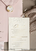 HOCHZEITS EINLADUNGEN geprägte Einladungen Maßgeschneiderte geprägte Blinde Blus Pink Gold Hochzeitseinladung, Golden Nude deboss florale Hochzeitseinladung, moderne Garten deboss Einladung Suite, Baumwollpapier Hochzeitseinladung Suite, Hochzeitseinladungen golden22